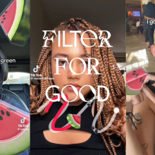 Three side-by-side screenshots of TikTok videos using the watermelon-themed "Filter for Good."