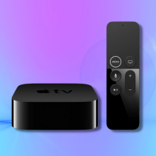 Apple TV HD device with siri remote against a blue and pink gradient background