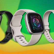 Three Fitbit watch models overlaid on a green and yellow background