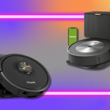 Shark Matrix and Roomba self-emptying robot vacuums on gray background with colorful graphics