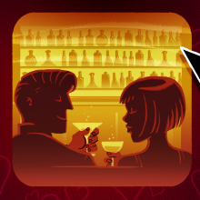 Illustration of a man and woman on a date at a bar, clinking glasses. 