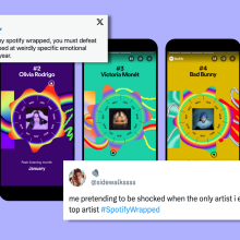 A mock up of Spotify Wrapped on 5 phone screens, overlayed with two tweets embedded in this article. Background is lavender.