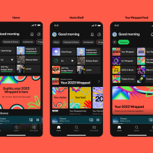 Three Spotify home screens displaying Wrapped content on a pinkish orange background.