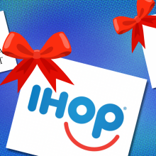 Logos of the brands Airbnb, IHOP, and Victoria's Secret overlaid on a blue textured background and adorned with illustrated gift bows