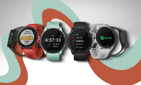 Garmin Forerunner watches in various colors with colorful background