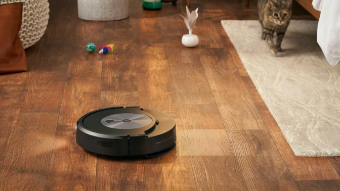 Roomba cleaning hardwood floor with cat in the background