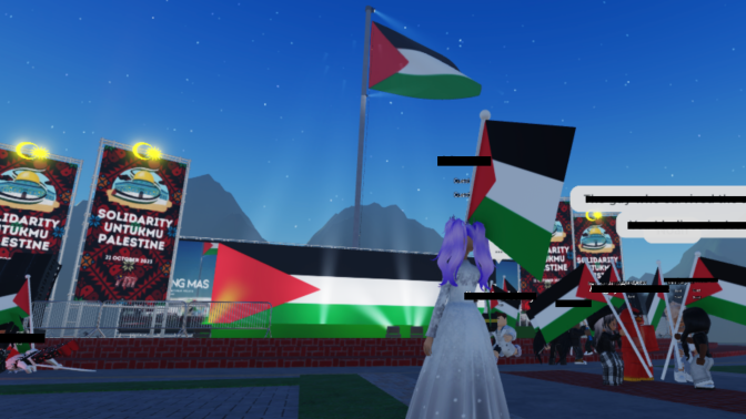 A screenshot from inside the experience. A large Palestinian flag is seen in the background.