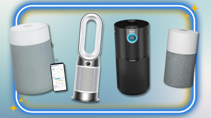 shark, dyson, and blueair air purifiers with blue gradient background