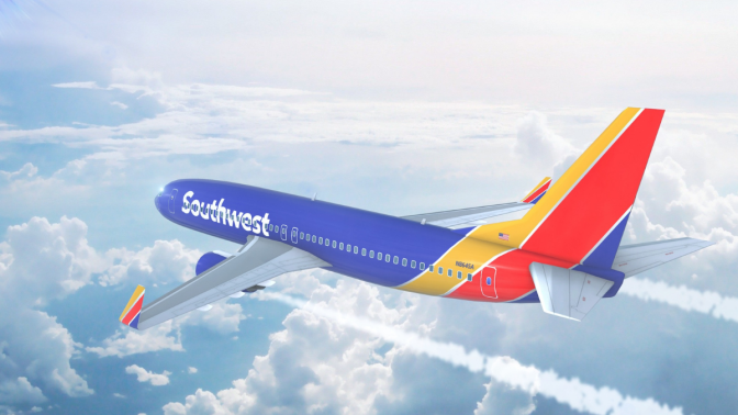 LOS ANGELES, CALIFORNIA, USA - MAY 8 2017: Aerial view of Southwest Airlines Boeing 737 on approach to runway at Los Angeles Airport. 3D Illustration.