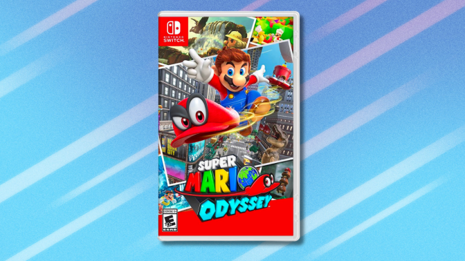 Super Mario Odyssey on light blue abstract background