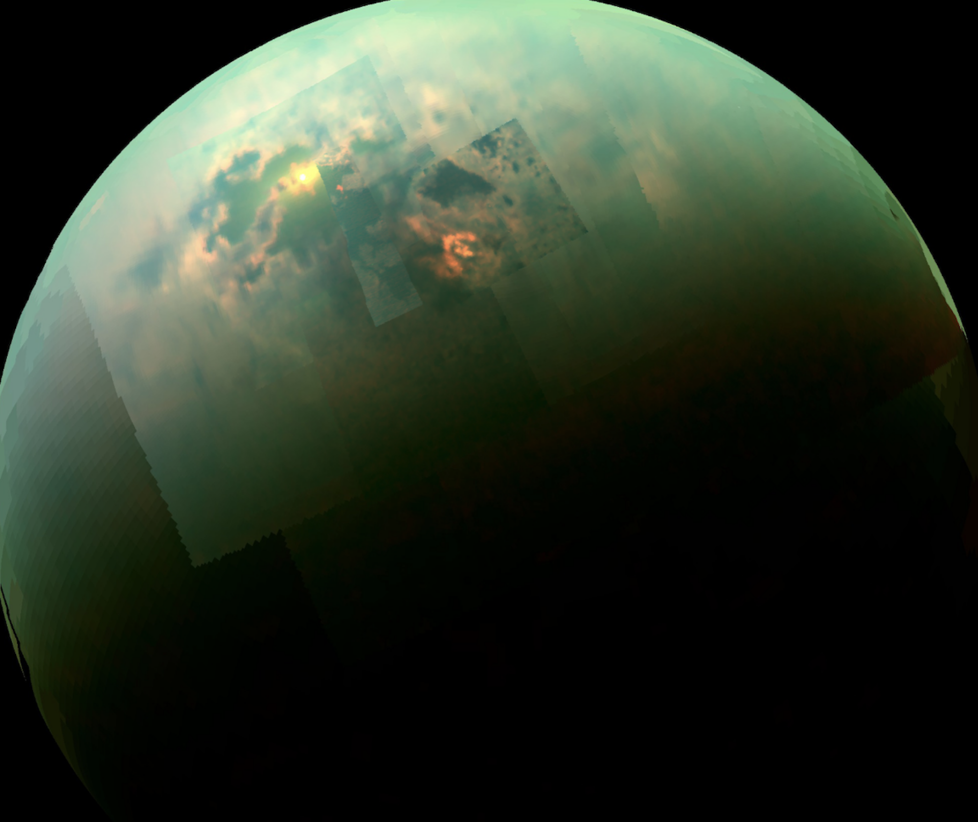 This image from NASA's Cassini spacecraft shows the sun reflecting off Titan's northern methane seas.