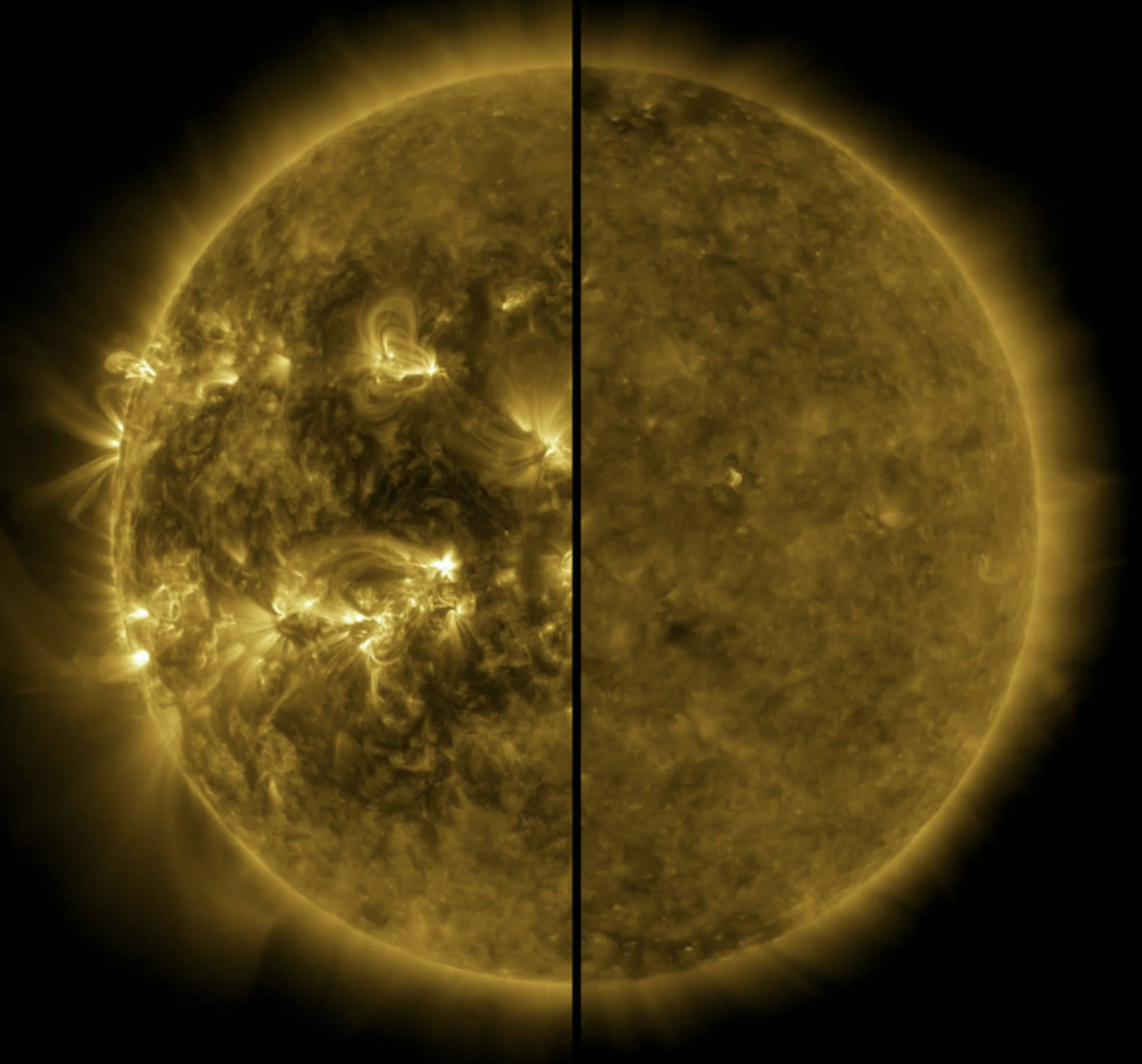 On left: the sun during solar maximum. On right: the sun during solar minimum. 