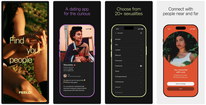 four views of features on feeld dating app